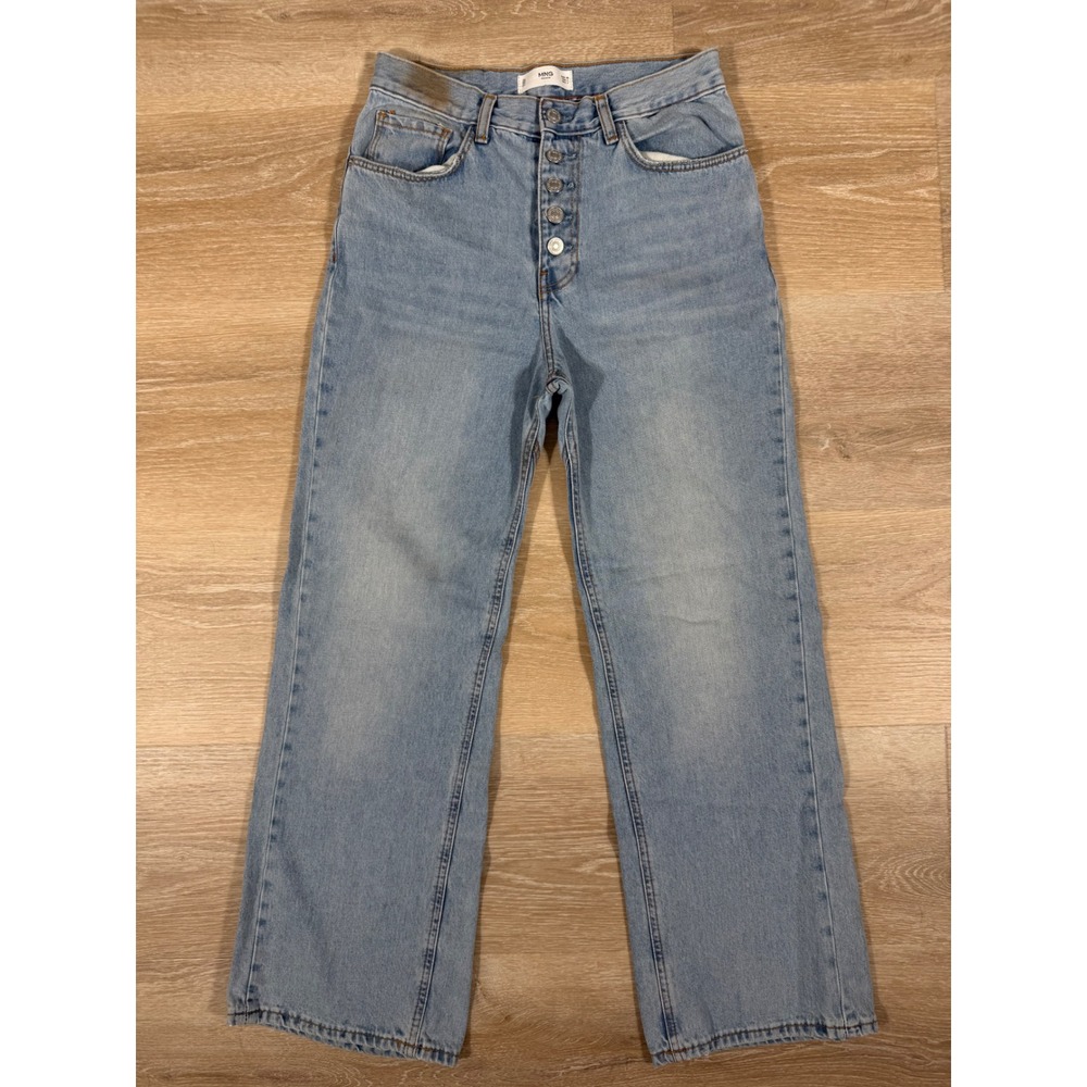 MNG Denim Exposed Button Fly High Waisted Wide Leg Jeans Light Wash Blue 4